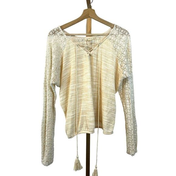 Anthropologie Meadow Rue Long Sleeve Ivory Sweater, Tassels and Crochet Sz S EUC - Picture 1 of 8